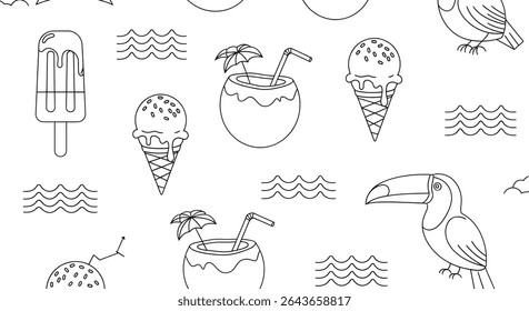 Padrão contínuo com desenhos de linhas de tucanos, cones de sorvete, cocos com guarda-chuvas, picolés e desenhos de ondas simples.