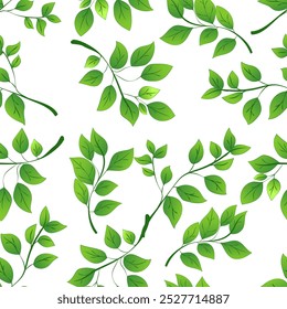 A seamless pattern featuring lush green leaves of various shapes on a clean white background. Vector illustration