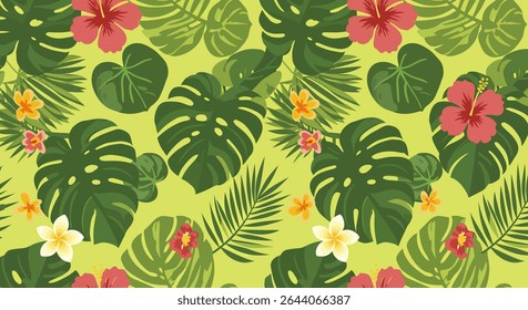 A seamless pattern featuring lush green monstera leaves, hibiscus flowers, plumeria, and palm fronds on a light green background.