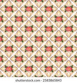 A seamless pattern featuring lush red peonies with green foliage set against an intricate ornamental backdrop in warm golden tones. This vintage-inspired design blends floral with chinese motifs.