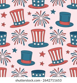 Seamless pattern featuring a magician's hat adorned with white stars on a soft pink background.