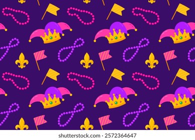 Seamless pattern featuring masks, beads, hats, and festive symbols