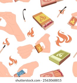 Seamless pattern featuring matchsticks, flames, and hands lighting matches. Ideal for decorative purposes and themed designs vector illustration.