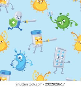 Seamless Pattern Featuring Medicines Fighting with Viruses, Creating A Contrasting Design, Cartoon Vector Illustration