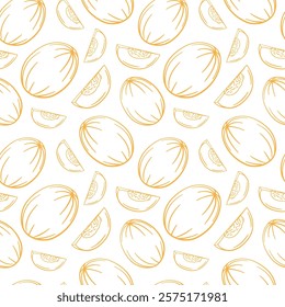 Seamless Pattern Featuring Melon and Slice Line Art on White Background