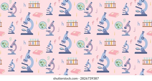 seamless pattern featuring microscopes test tubes and letters on a pink background ideal for science education and research themes