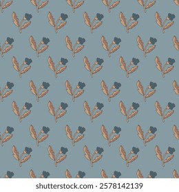 Seamless pattern featuring minimal floral and foliage elements in earthy and blue tones on a light blue background, created in a simple vector style. Ideal for wrapping paper.