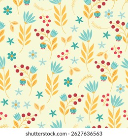 Seamless pattern featuring minimal wildflowers in a clean, modern style. Ideal for textiles, packaging, stationery, and delicate nature-themed designs.