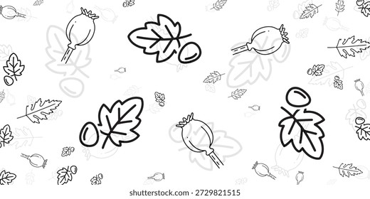 A seamless pattern featuring minimalist black outline drawings of poppy seed pods and oak leaves with acorns on a clean white background, creating a simple and elegant natural motif.