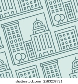 A seamless pattern featuring a minimalist cityscape with clean and simple lines The design showcases abstract representations of buildings skyscrapers