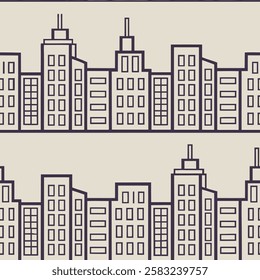 A seamless pattern featuring a minimalist cityscape with clean and simple lines The design showcases abstract representations of buildings skyscrapers
