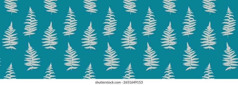 Seamless pattern featuring minimalist fern leaves on a turquoise background. Perfect for fabric design, stationery, packaging, or home decor. Modern and stylish aesthetic.