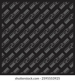 A seamless pattern featuring minimalist line art of hair combs on a black background. The geometric and modern design makes it ideal for textiles, wallpapers, and various creative applications.