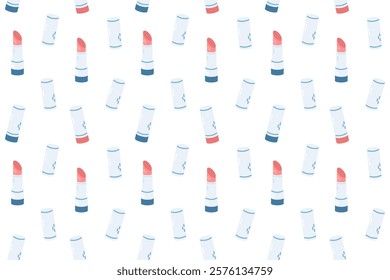 A seamless pattern featuring minimalist lipstick illustrations in soft pastel tones. Perfect for cosmetic branding, packaging, backgrounds, and digital projects