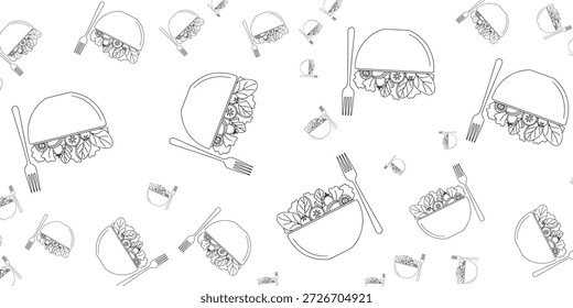 Padrão contínuo com ilustrações minimalistas de contorno de saladas frescas em tigelas e meias-pãezinhos com garfos, criando um design de fundo limpo e repetitivo.