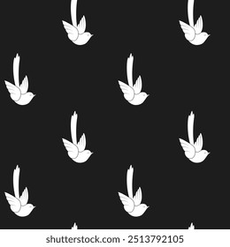 Seamless pattern featuring minimalist white birds on a black background. This modern vector illustration is perfect for textiles, wallpapers, and digital designs.
