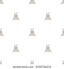 A seamless pattern featuring minimalistic cartoon bunnies on a clean white background. 