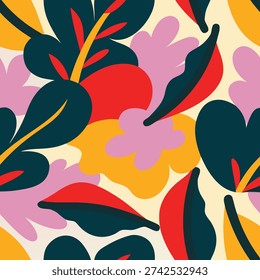 A seamless pattern featuring a mix of colorful leaves and flowers in shades of pink, red, yellow, and green on a cream background for design