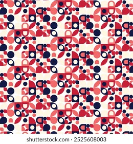 A seamless pattern featuring a mix of geometric shapes in shades of red, pink, blue, and cream. The pattern is characterized by its bold, graphic elements and a repetitive, almost hypnotic quality.