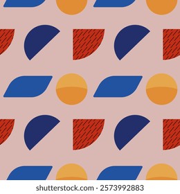 Seamless pattern featuring modern abstract shapes in bold colors, including circles, semi-circles, and leaf forms.