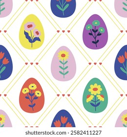 Seamless pattern featuring modern-style Easter eggs with floral print on a colorful background. Perfect for trendy holiday designs, textiles, and festive decor.