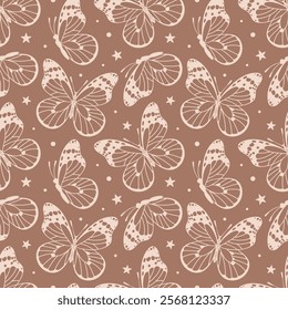 A seamless pattern featuring the Monarch butterfly, Danaus plexippus. Ideal for textile design, wallpapers, and nature-themed projects. Mocha Mousse