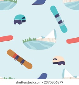 Seamless Pattern Featuring Mountain Snowboarding Items, Helmets And Boards, Cartoon Vector Wallpaper, Tile