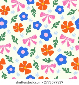 Seamless pattern featuring multicolored flowers and ribbons. Decorative textile background with floral elements and bows, suitable for wallpapers, wrapping paper, and fabric design. Vector.
