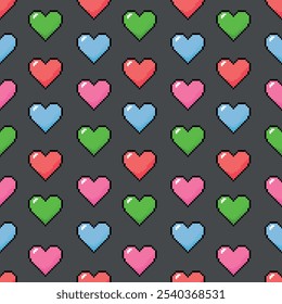 A seamless pattern featuring multicolored pixel hearts on a white background, crafted in 8-bit retro style. Ideal for Valentine's Day and themed digital projects.