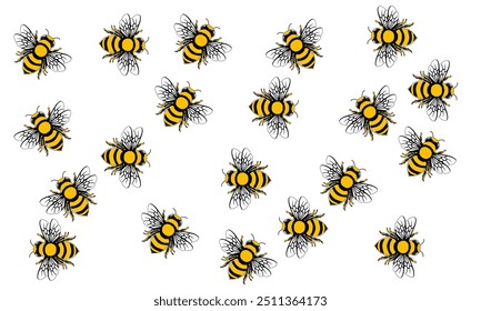 seamless pattern featuring multiple yellow and black striped bees with transparent wings in various flight positions, scattered evenly across a white background. Ideal for nature, insect, or honeybee