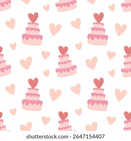Seamless pattern featuring multi-tiered pink cakes topped with red hearts alongside scattered light pink hearts on a white background