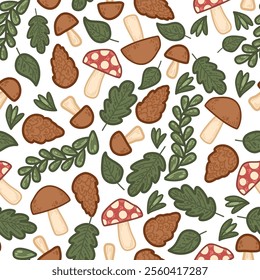 Seamless pattern featuring mushrooms, pinecones, and green leaves. Charming vector pattern showcasing natural forest elements. Nature-inspired seamless design for eco-friendly projects