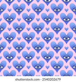 Padrão contínuo com olhos místicos em corações de gradiente rosa , combinando elementos boho e surreal para projetos de design únicos.