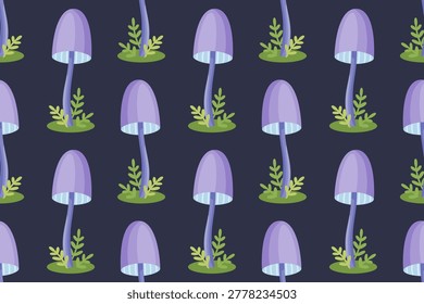 Seamless pattern featuring mystical purple mushrooms and green moss on dark navy background. Magic forest style, perfect for fantasy themed textiles, wallpaper, and stationery.