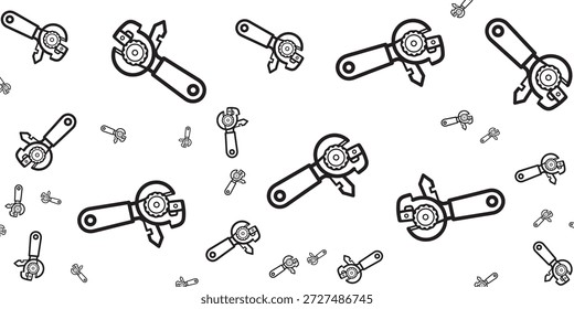 Um padrão perfeito com inúmeras ilustrações de contorno preto de abridores de latas espalhadas por um fundo branco limpo, criando um design repetitivo e funcional.
