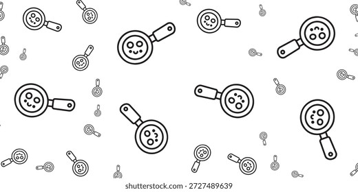 Ein nahtloses Muster mit zahlreichen schwarzen Umrisslupen, jede mit kleinen Kreisformen, einige mit einfachen Smiley-Gesichtern, auf sauberem, weißem Hintergrund, die mikroskopische Beobachtung darstellen.