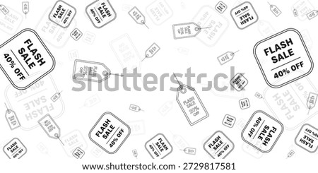 A seamless pattern featuring numerous black outline price tags and sale labels, including "FLASH SALE 40% OFF" and "FLASH SALE 20% OFF," scattered across a clean white background.