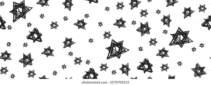 A seamless pattern featuring numerous handdrawn black Star of symbols on a white background. Various sizes and slight variations in style create a dynamic texture.