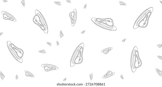 A seamless pattern featuring numerous minimalist line art illustrations of steaks on plates, scattered across a clean white background, creating a simple and repetitive design.