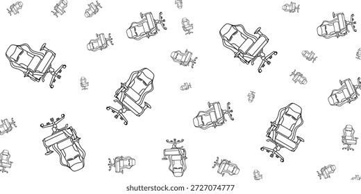 Un patrón sin fisuras con numerosos dibujos de contorno de sillas de juego dispersas al azar sobre un fondo blanco limpio, creando un diseño moderno y dinámico.