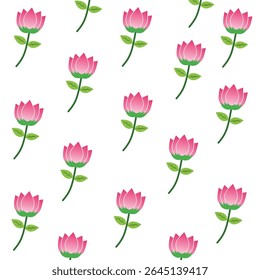 A seamless pattern featuring numerous pink lotus flowers with green stems and leaves against a white background