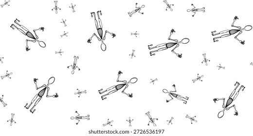 Un patrón sin fisuras con numerosas figuras estilizadas y abstractas de aspecto humano esparcidas sobre un fondo blanco limpio. Las figuras están dibujadas con líneas simples, que se asemejan a figuras de palo o marionetas, que varían en tamaño y Orientación, creando un diseño caprichoso y artístico.