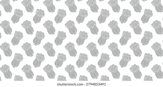 A seamless pattern featuring numerous stylized, grey-outlined vegetable shapes, possibly celery or bok choy, arranged diagonally on a clean white background, creating a repetitive and decorative design.