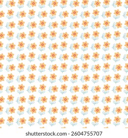 Seamless pattern featuring orange flowers with green leaves, creating a fresh and lively appearance. Ideal for wallpapers, textiles, or backgrounds.