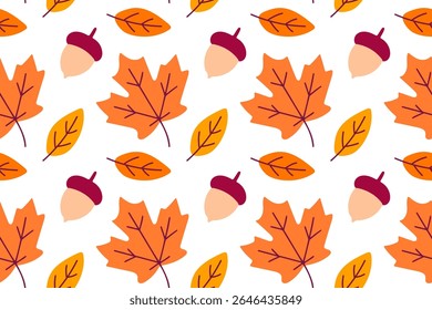 Padrão contínuo com folhas de bordo laranja e bolotas em fundo branco para projetos com tema de outono e embalagem