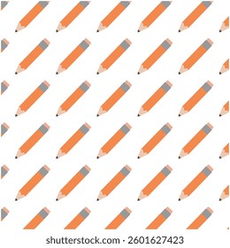 A seamless pattern featuring orange pencils with erasers arranged diagonally on a white background.