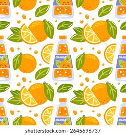 Um padrão sem emenda com refrigerante laranja em garrafas de vidro, complementado por pedaços vibrantes de citros. Este design alegre captura a essência refrescante do verão, adicionando um toque picante e animado