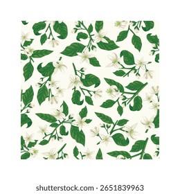 Padrão contínuo com ramos de laranjeira adornados com flores brancas e folhas verdes em um fundo amarelo claro, oferecendo um design fresco e vibrante para várias aplicações