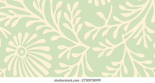 Um padrão sem costura com um design botânico orgânico com folhas delicadas e elementos florais abstratos, renderizados em uma paleta de cores suave e silenciosa.