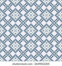 Seamless pattern featuring oriental geometric motifs reminiscent of Aztec style, Mesoamerican Native art and floral cross-stitch. Ideal for use on textiles, fabrics, clothing and gift wrapping paper.